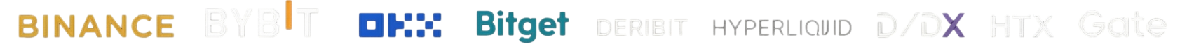 inance, Bybit, OKX, Bitget, Deribit, Hyperliquid, HTX, Gate, dYdX